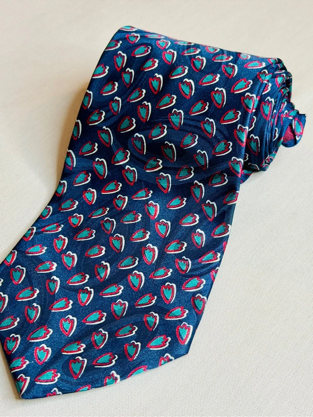 Dior Navy Blue Paisley Silk Tie with Pink Accents